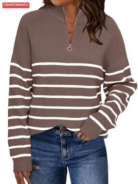 LILLUSORY Womens Quarter Zip Striped Oversized Fall Sweater